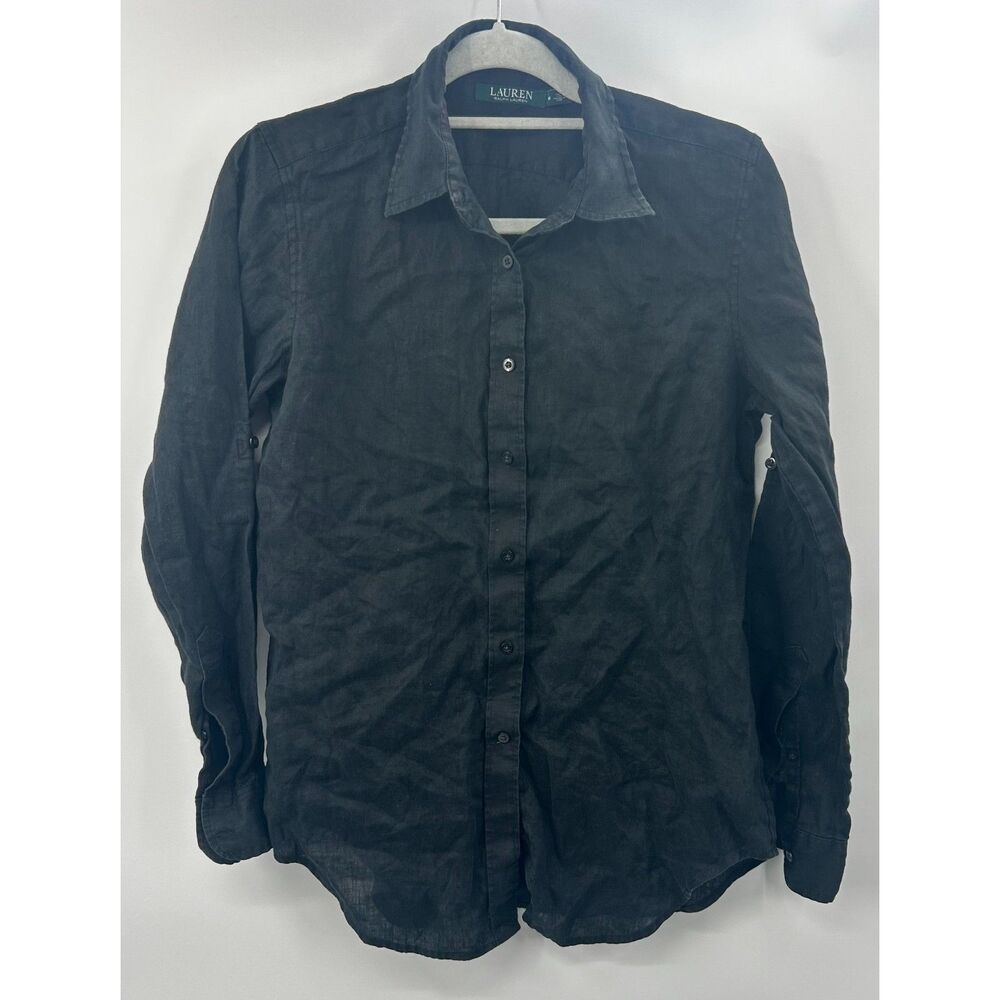 Lauren Ralph Lauren 100% Linen Black Button Down Shirt Roll Tab M Flawed